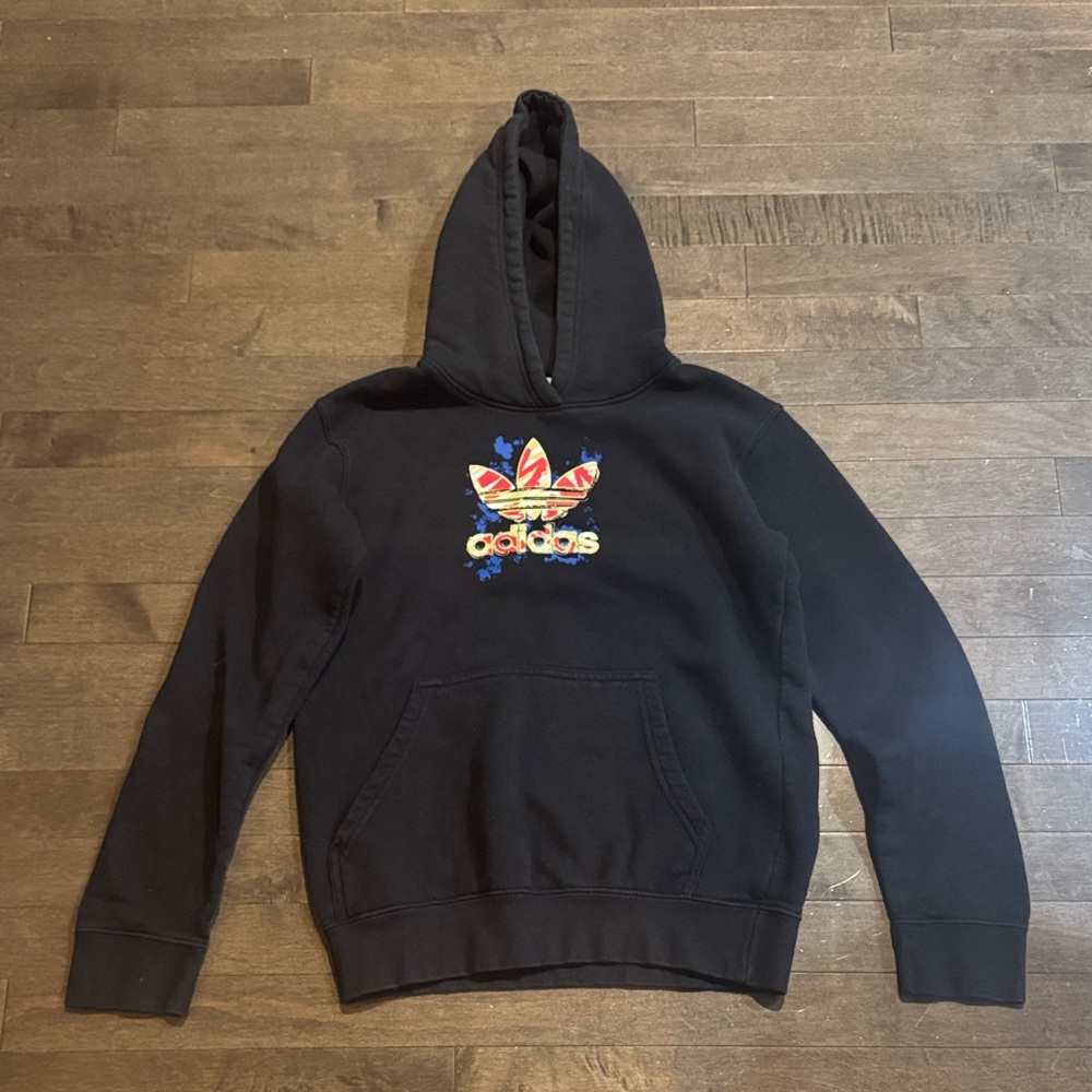 Adidas Black Hoodie with Multicolor Trefoil Logo